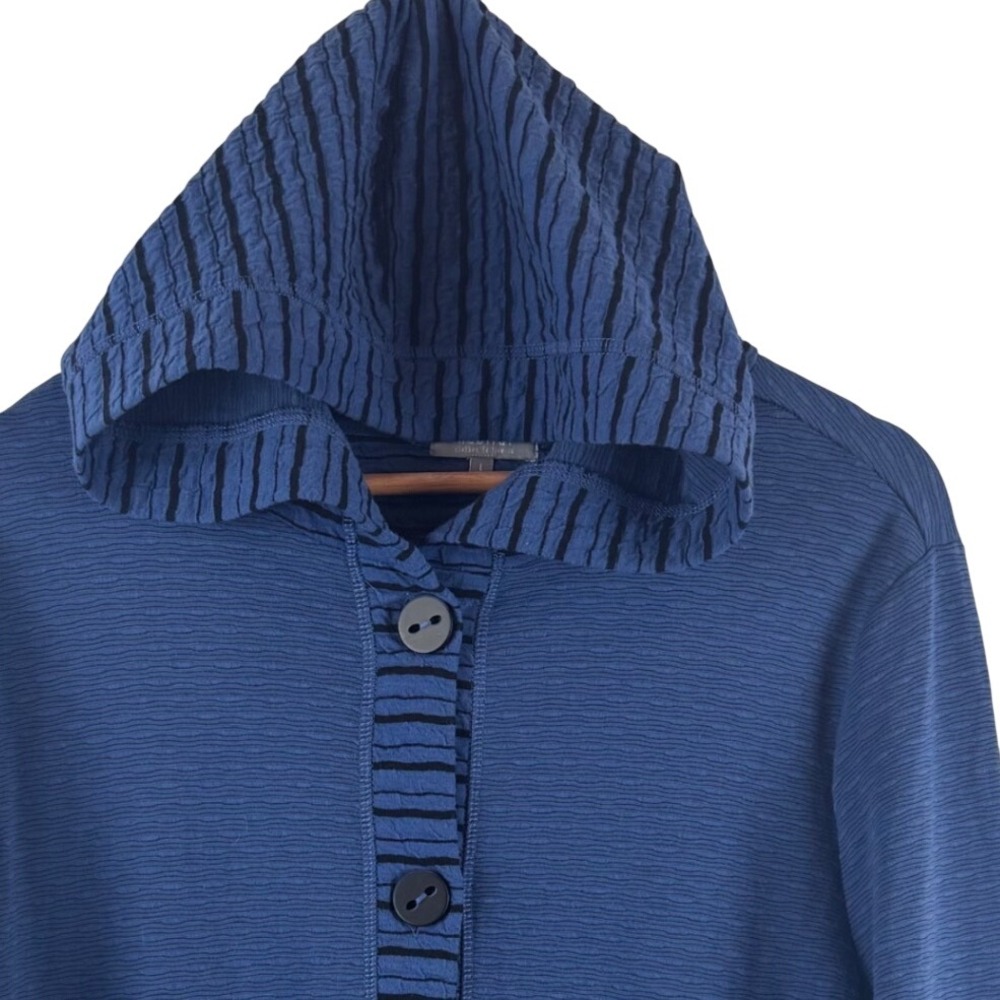 Habitat Cardigan Women L Blue Striped Textured Hooded Button Front Pockets 51451
